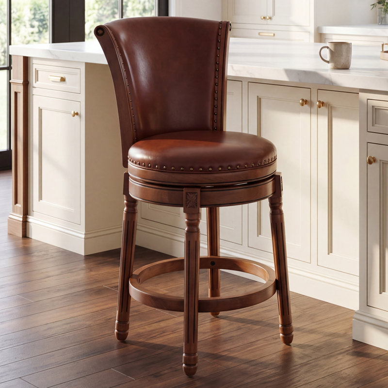 Tabouret de comptoir pivotant en cuir véritable 26 po avec structure en bois massif et garniture cloutée