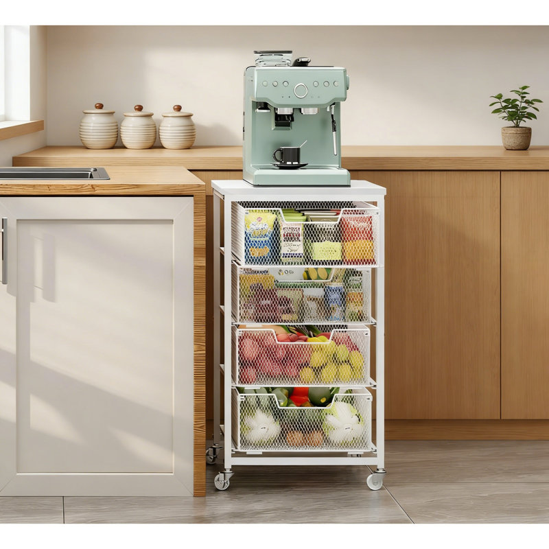 4-Tier Kitchen Storage Cart With Wood Top And Drawers, White