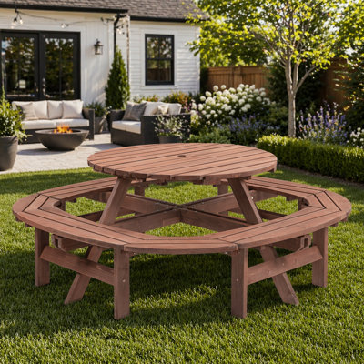 10-12-Person Round Outdoor Wooden Picnic Table with Built-in Ring Stool, 500-lb Capacity for Patio and Backyard Gatherings - Walnut Brown