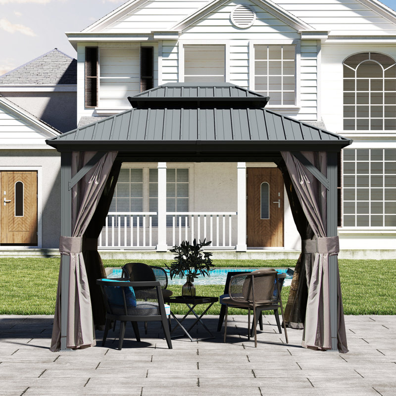 10 Ft. W x 8 Ft. D Aluminum Patio Gazebo with Overhang Slope-design Double Roof, Gray