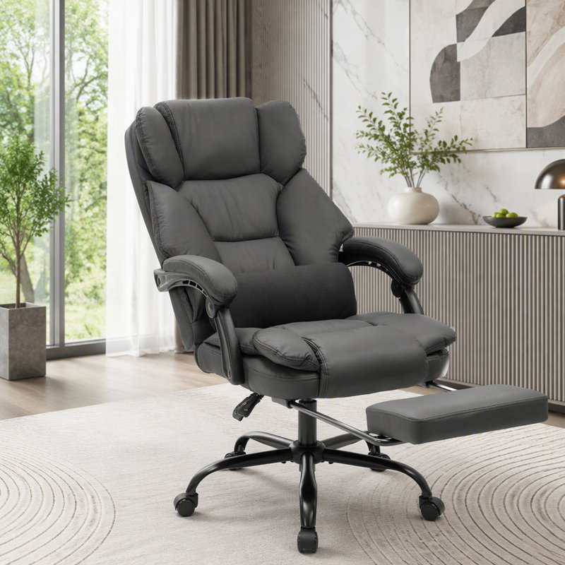 Fauteuil de direction avec repose-pieds rétractable et support lombaire, Black Faux Leather
