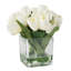 Arrangement floral de tulipes dans un vase - 24 fleurs artificielles crème avec des feuilles dans un bol carré en verre transparent décoratif et de l'eau artificielle pour la décoration-25619215