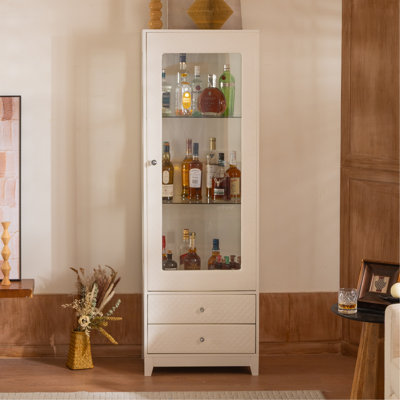 Vitrine autoportante 71 po avec 2 tiroirs de rangement, garde-manger rembourré avec plafonnier, armoire à vin avec porte vitrée et tablettes réglables, pour le salon, la cuisine, le bar et la salle à manger - blanc