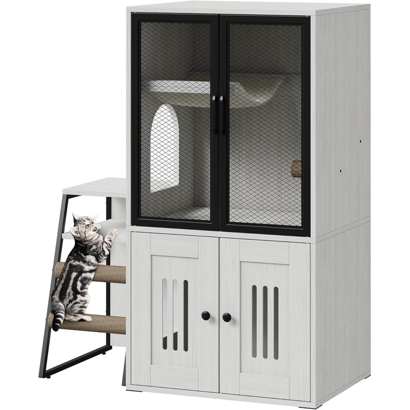 Meuble de litière caché, litière fermée à 2 niveaux avec portes, rangement caché et échelle, blanc, Blanc rétro