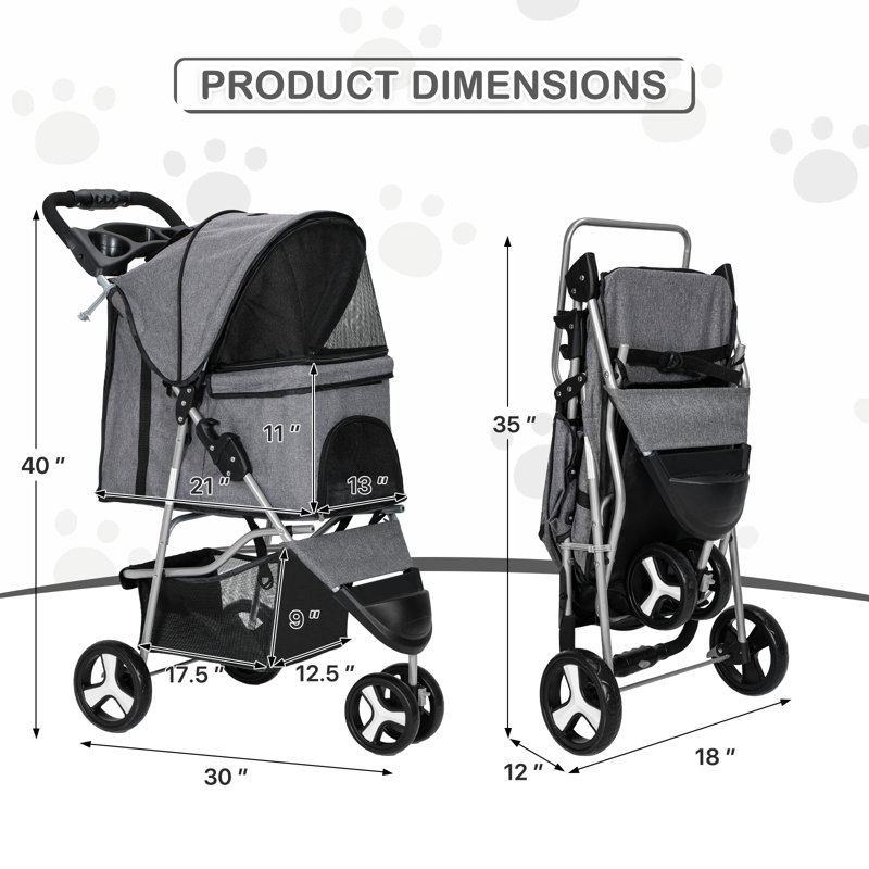 Foldable Pet Stroller, 3 Wheels Folding Carrier Jogger Stroller for Dogs Cats with Canopy and Basket, Gray/Solid