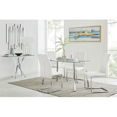 Cosmic Luxury Glass and Chrome Dining Table Set with 4 Upholstered Faux Leather Dining Chairs