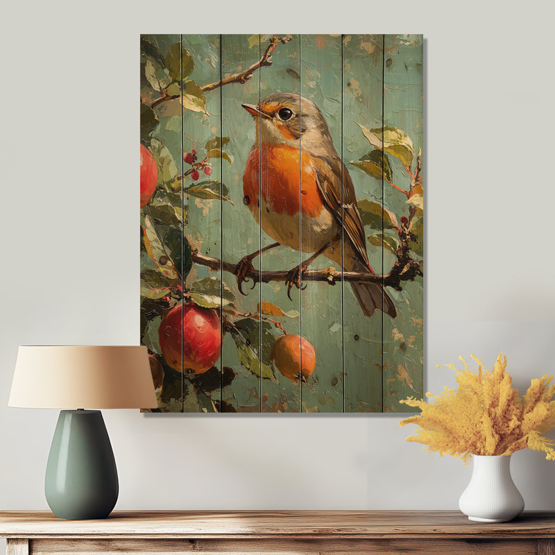 Oiseau robin dans la ferme, verger I - Art mural en bois d'oiseau - sur bois de pin naturel, H 20 po x l 10 po