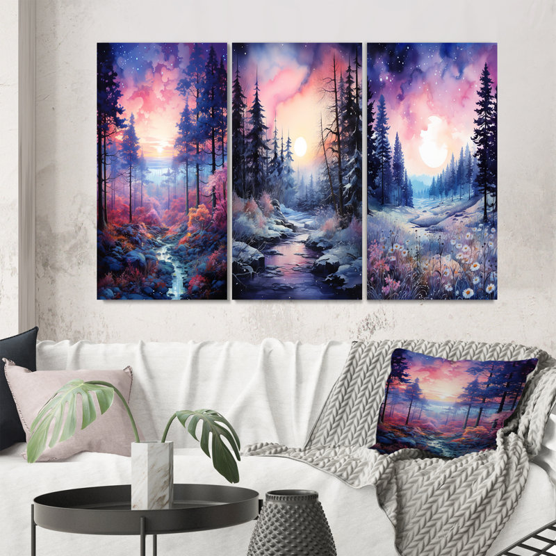 «Pine Tree Winter Twilight», 3 pièces sur toile, Toile tendue, H 32 po x l 48 po