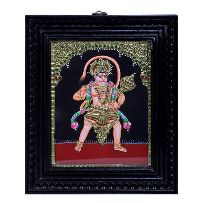 Standing Hanuman Tanjore Painting | Traditional Colours With 24K Gold | Teakwood Frame