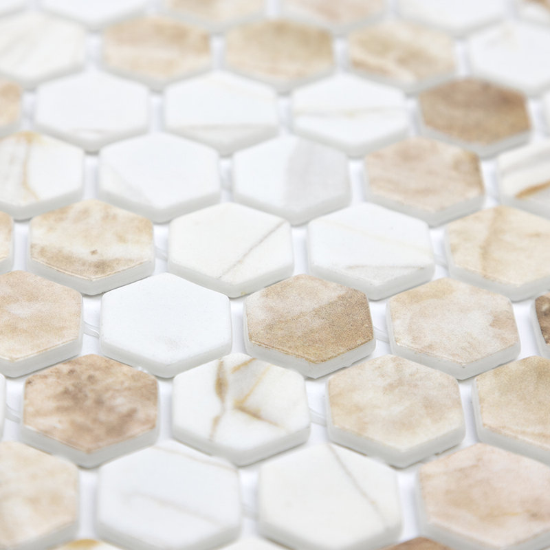 Eterna Hex 1" x 1" Cream Blend Honeycomb Glass Mosaic Floor and Wall Tile, Cream Blend