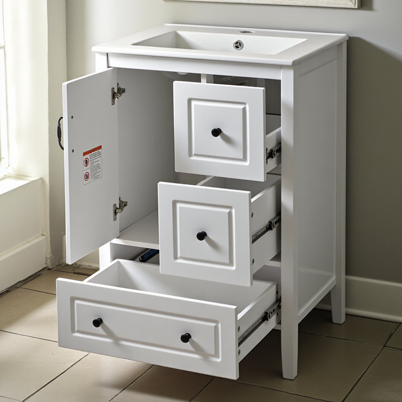 Meuble-lavabo 24 po avec lavabo, une armoire avec porte à fermeture douce, 3 tiroirs à fermeture douce, poignées en métal rétro, blanc