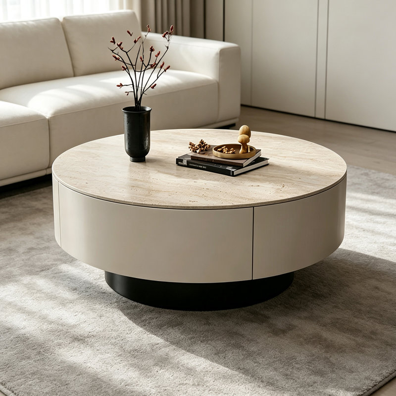 Table basse de style italien de luxe, 13" H x 27.55" W x 27.55" D, Beige, Beige / Black