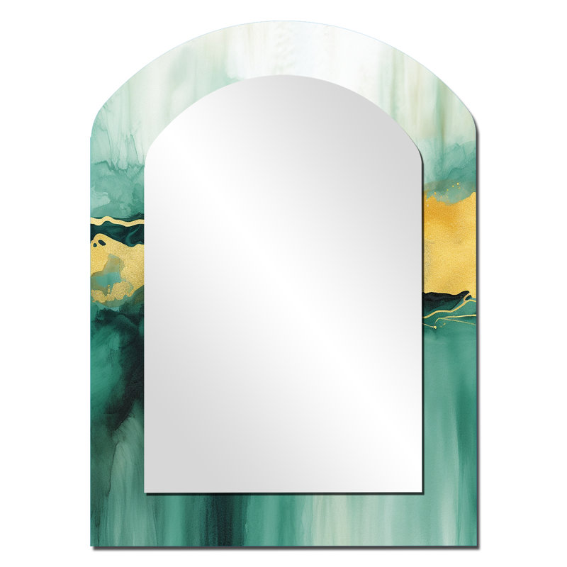 Blue Watercolor Impression with Gold IV - Fractals Arch Wall Mirror, Blue Asymmetrical Decorative Mirror, Printed Metal Art