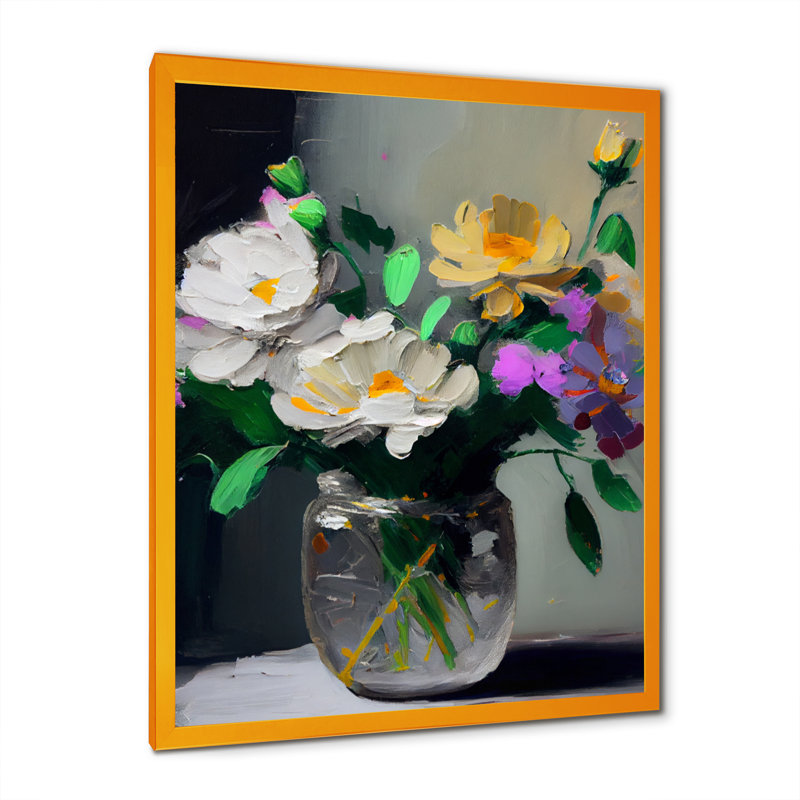 Nature morte avec fleurs blanches IV - reproduction sur toile, H 20 po x l 12 po x P 1 po, Encadrement doré