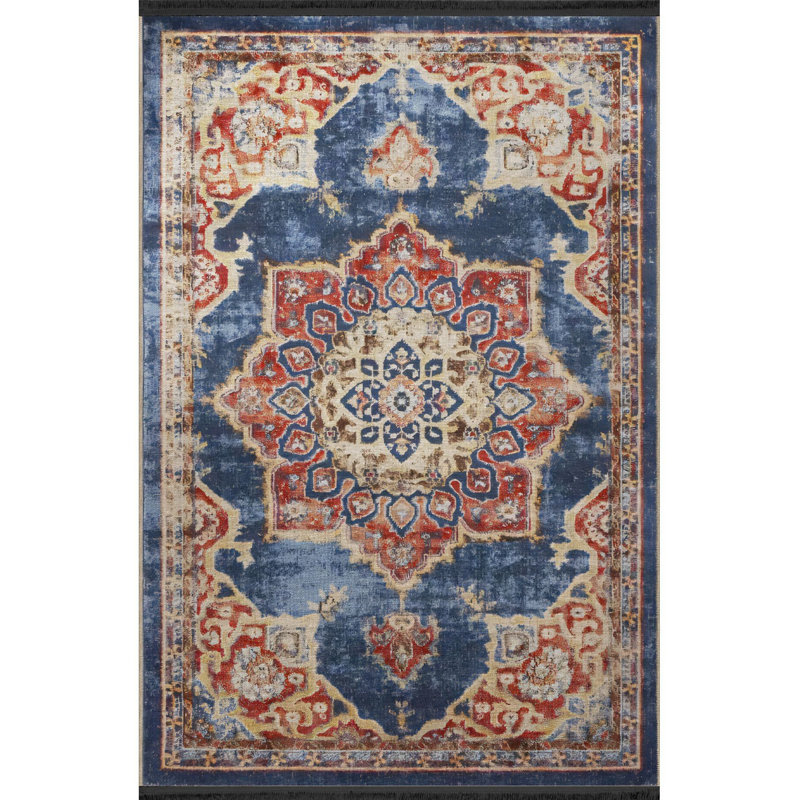 Tapis bleu lavable décoratif floral, Sous-tapis rectangulaire de 3 pi 3 po x 4 pi 11 po