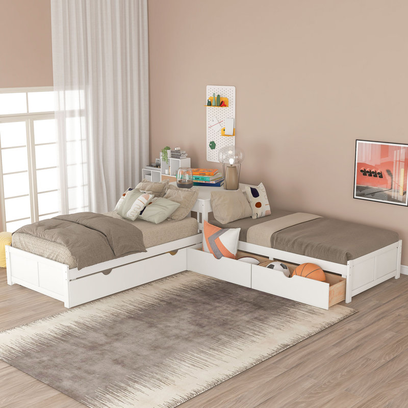 Lit plateforme en L avec lit gigogne, tiroirs et bureau intégré, lit simple 3 en 1
