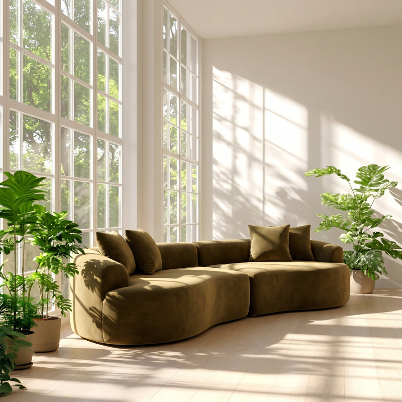 Canapé modulaire courbé 4 places Modern, Green Chenille, Left Hand Facing