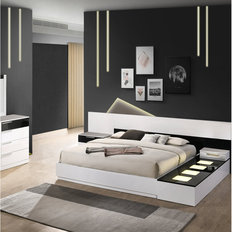 Ensemble de chambre en bois massif Cuyuna, Reine, 6 pièces (lit, 2 tables de chevet, commode, miroi