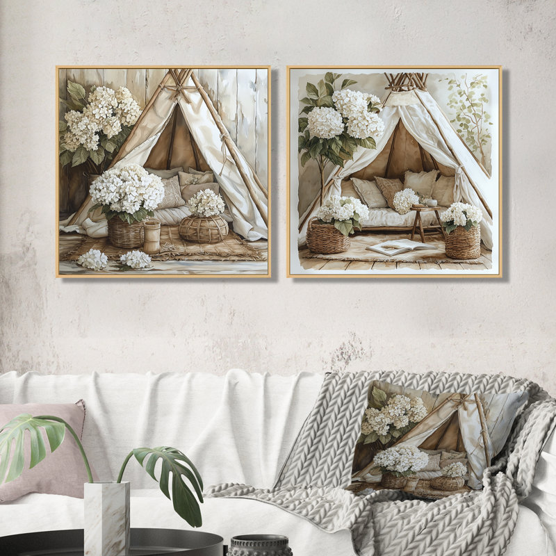 Boho hortensias dans un tipi Boho I - art mural hortensia - décoration murale traditionnelle 2 pièces, Cadre flottant