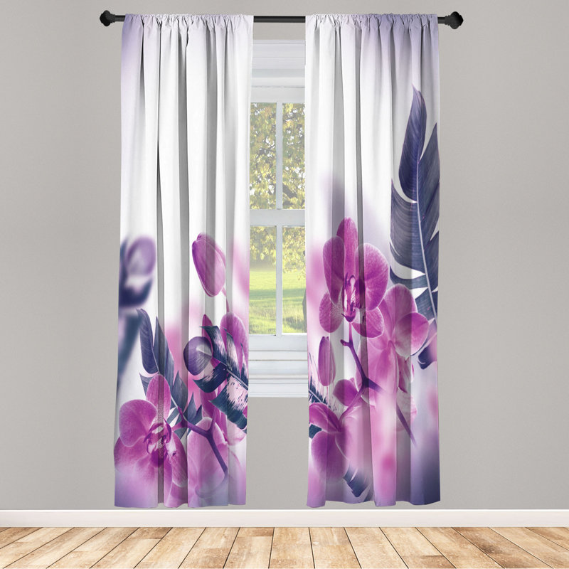 Microfiber Floral Semi-Sheer Rod Pocket Curtain Panels, 28" W x 95" L, Magenta/Royal Purple/White