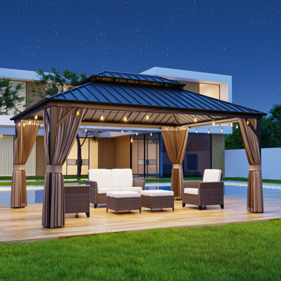Pavillon de jardin en aluminium à toit double avec toit et rideaux
