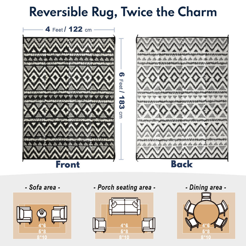Tapis intérieur / extérieur noir / blanc Southwestern, Rectangle 4pi x 6 pi