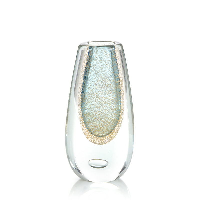 Gold Flecked Blue Handblown Glass Vase I, 6" H x 2.5" W x 13.5" D, Clear/Blue