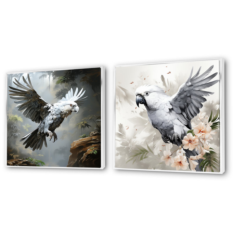 Perroquet gris en vol I - ensemble de 2 impressions sur toile perroquet, Cadre flottant blanc, H 30 po x l 61 po x P 1 po