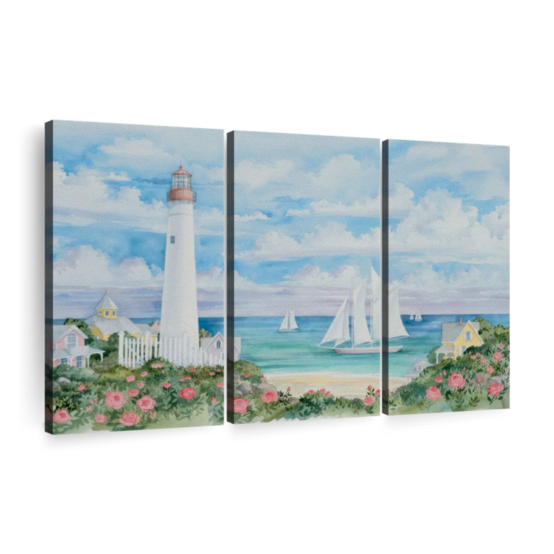 «Phare vue sur l'océan», 3 pièces sur toile, H 48 po x l 74 po x P 1,25 po