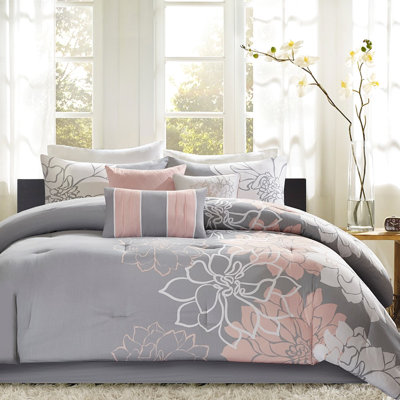 Édredon gris / pêche très grand - imprimé en coton, 3 coussins texturés brodés à motif floral, ornemental