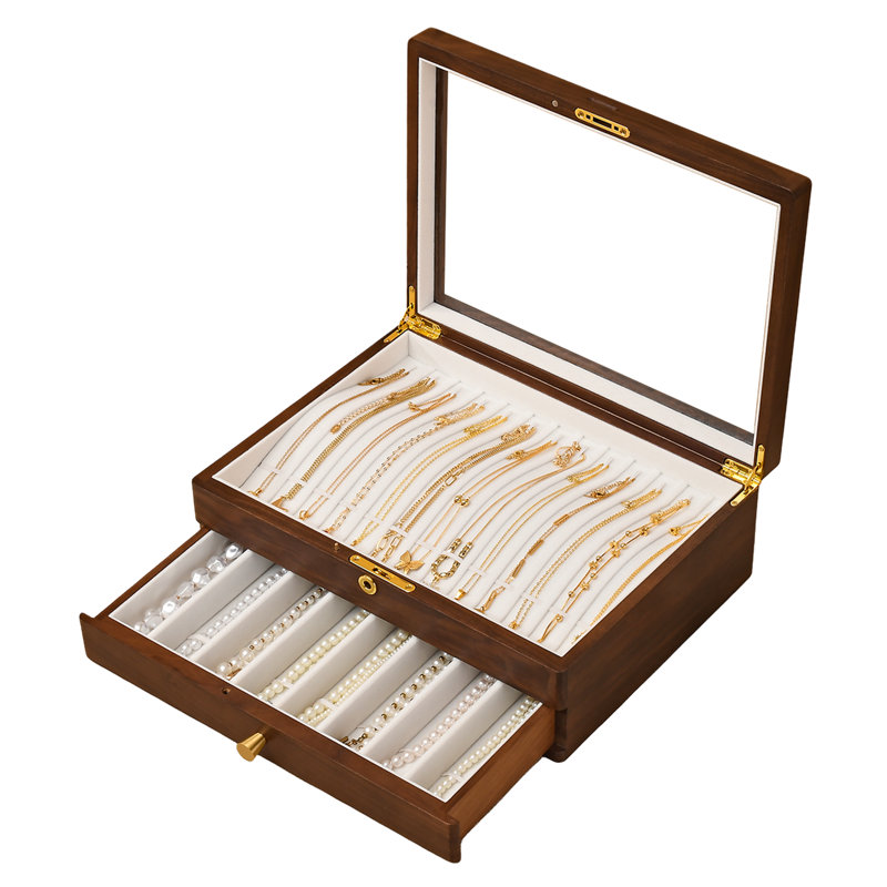 Boîte à bijoux verrouillable en bois de noyer noir, organisateur de bijoux à 2 niveaux avec couvercle en verre transparent pour femmes.