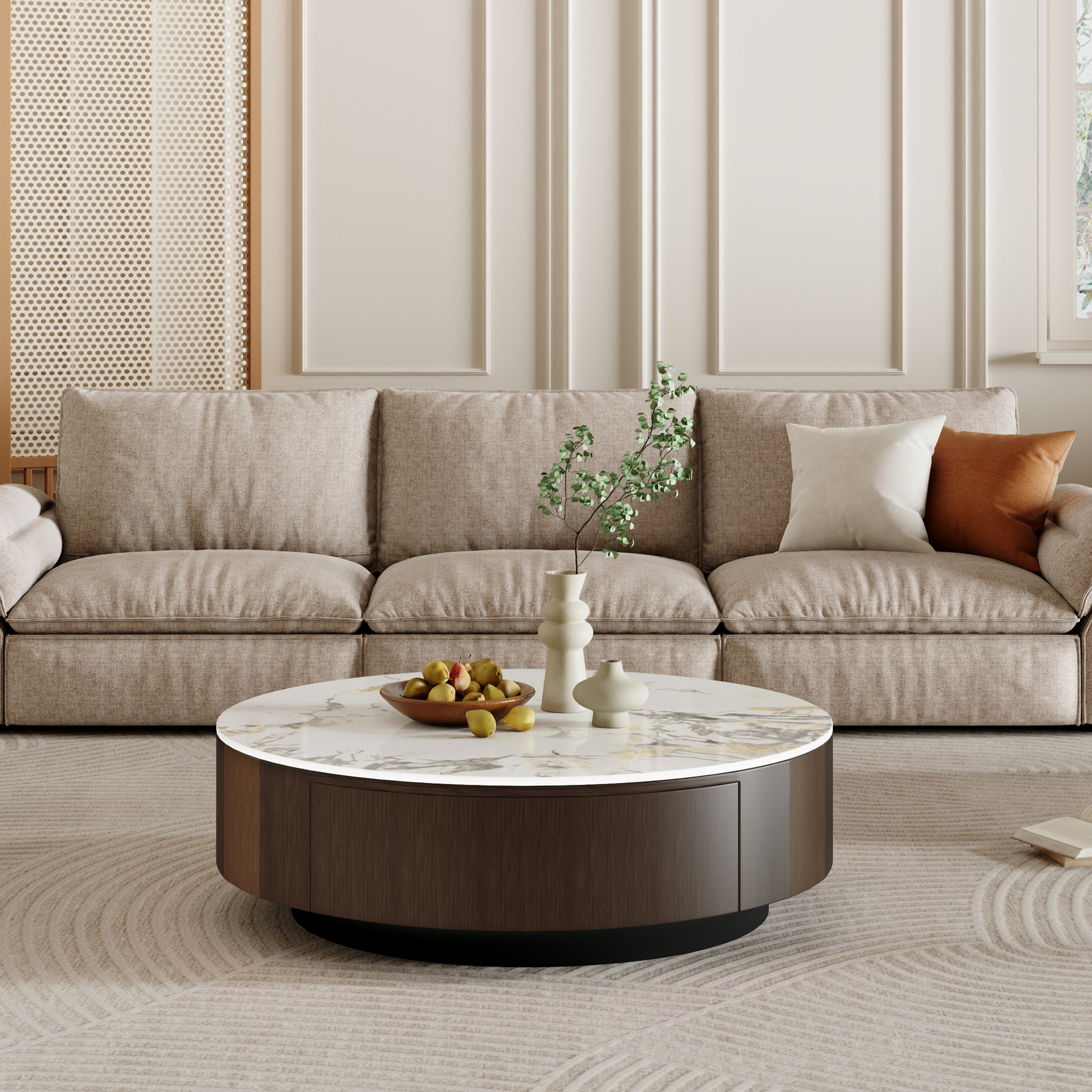 Hocuspicus 35.5" Wood Brown Round Coffee Table, Faux Marble tabletop