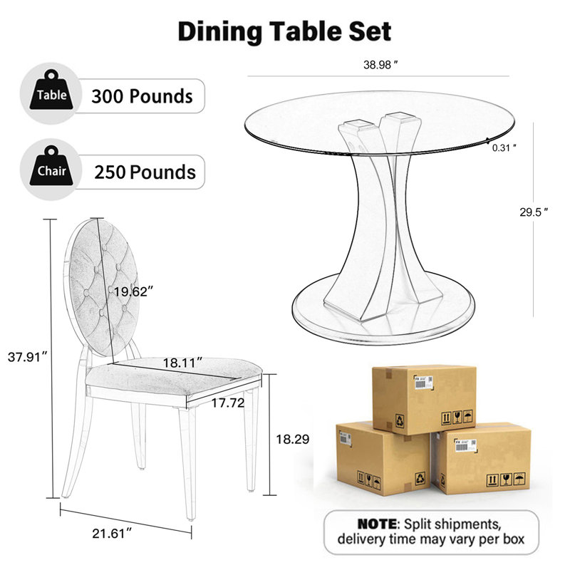 Modern Round Tempered Glass Pedestal Dining Set with Velvet Tufted Dininig Chair, Black/Silver, Black/Silver