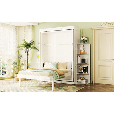 Grand lit rotatif avec armoire murale dissimulée, 2 tablettes à 3 niveaux, espace de travail convertible, pour petits espaces et bureaux à domicile, bureau latéral blanc, rangement supplémentaire, espaces de bureau compacts peu encombrants,