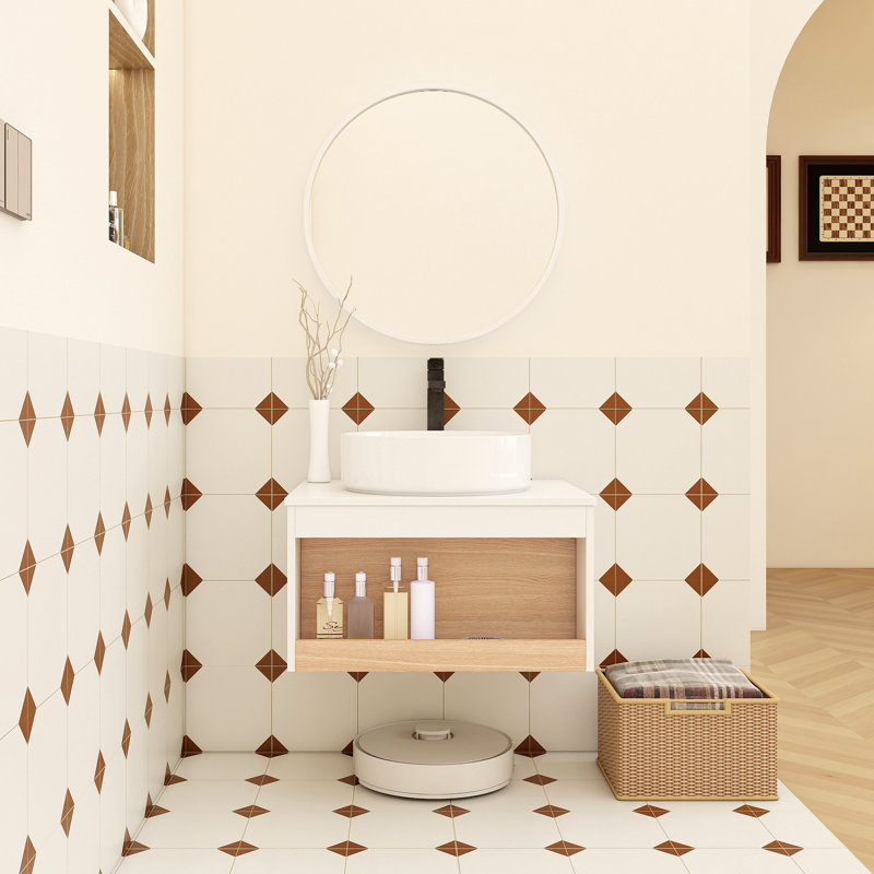 Meuble-lavabo flottant avec lavabo à vasque rond, meuble-lavabo mural avec tablette ouverte, comptoir durable, conception moderne peu encombrante
