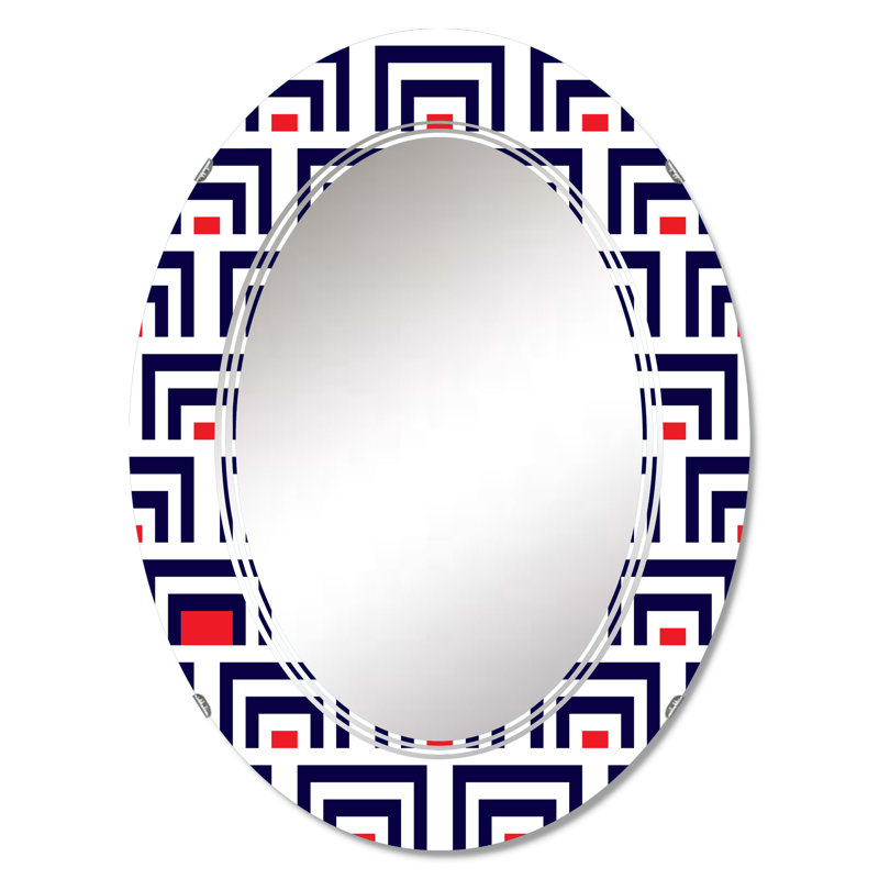 Carrés géométriques bleus et rouges - Miroir mural à motif ovale, 30 po x 20 po
