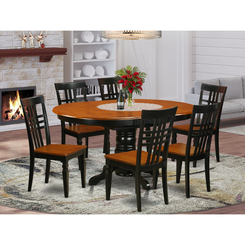 7 Piece Dining Set Consist of an Oval Dining Table with Butterfly Leaf and 6 Kitchen Chairs, Black & Cherry, Black/Cherry