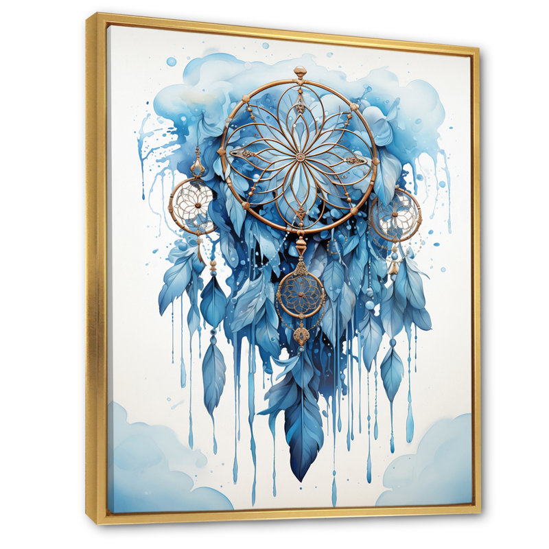 «Blue Boho Dreamcatcher Watercolor», reproduction sur toile, 32" H x 24" W, Cadre flottant doré