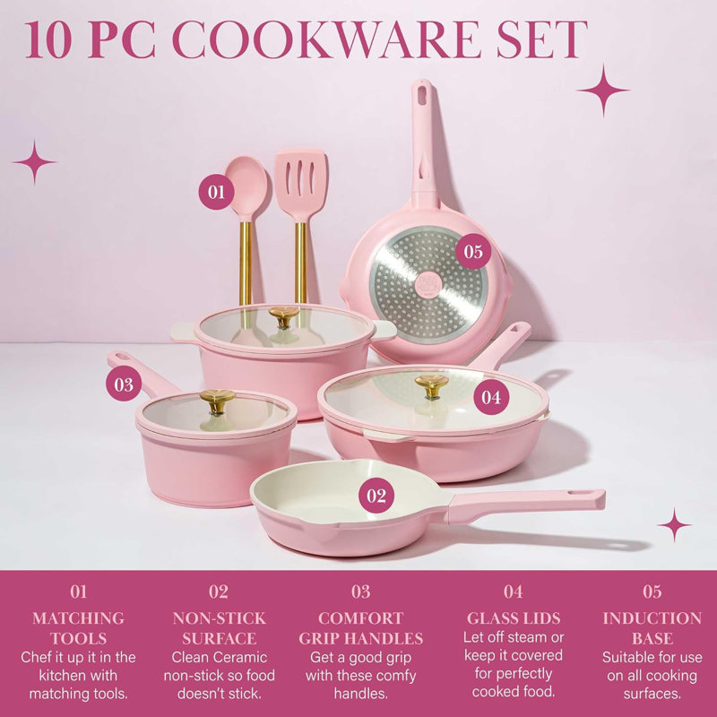 10 - Piece Non-Stick Aluminum Cookware Set, Pink