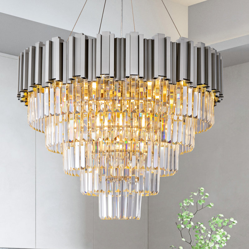 Lustre à plusieurs niveaux avec lumière en cristal, Argent argent, H 21,26 po x l 27,56 po x P 27,56 po, 9 lumières