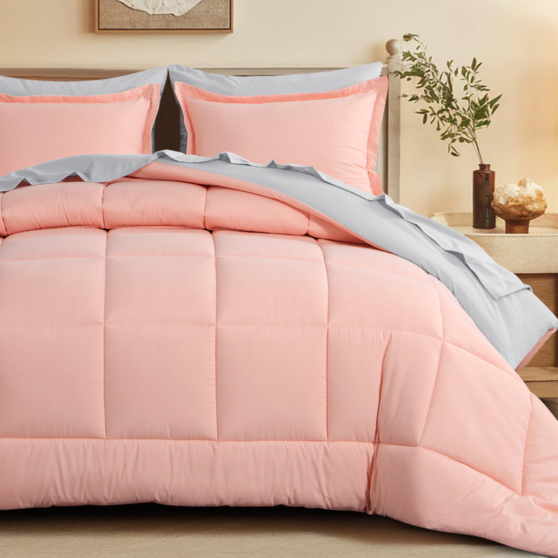 Ensemble d'édredon en microfibre 5/7-pièces , Édredon pour grand lit simple + 4 pièces supplé, Rose / gris clair