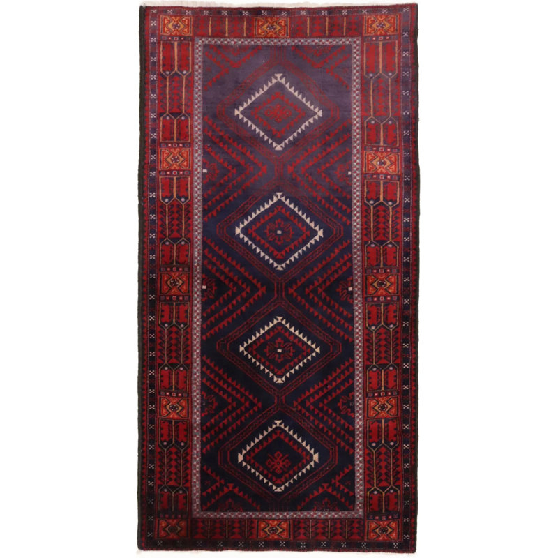 Tapis oriental semi-antique rouge et prune 3 pi 4 po x 6 pi noué à la main Tribal