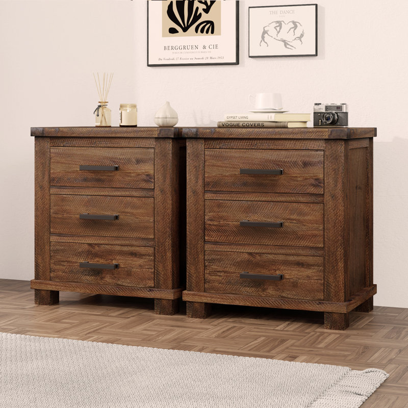 Ensemble de table de chevet rustique en bois massif récupéré à trois tiroirs Rustic
