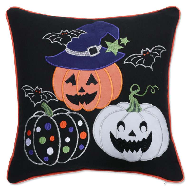Black Halloween Pumpkin Embroidered Cotton Throw Pillow Cover