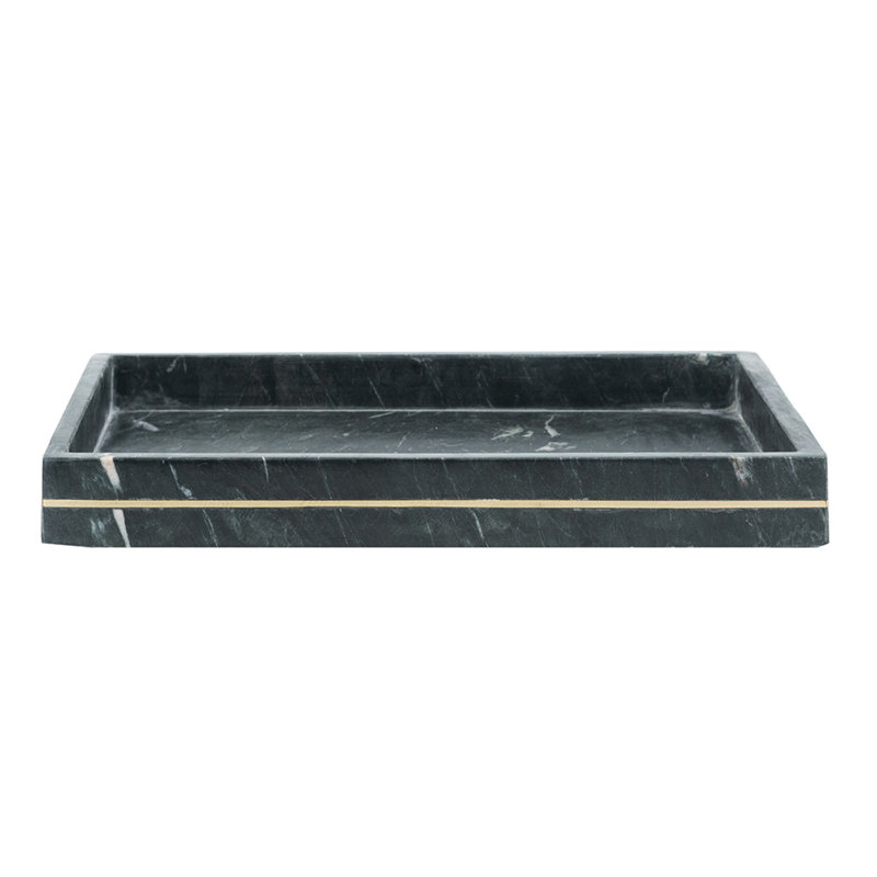 Decorative Tray With Gold Inlay, Raised Edges, 14 Inch Black Marble