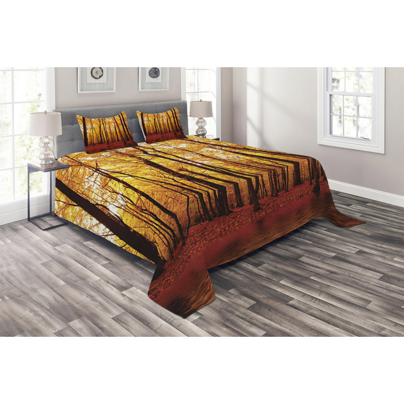 King Size Autumn Forest Quilted Bedspread Set in Brown and Orange