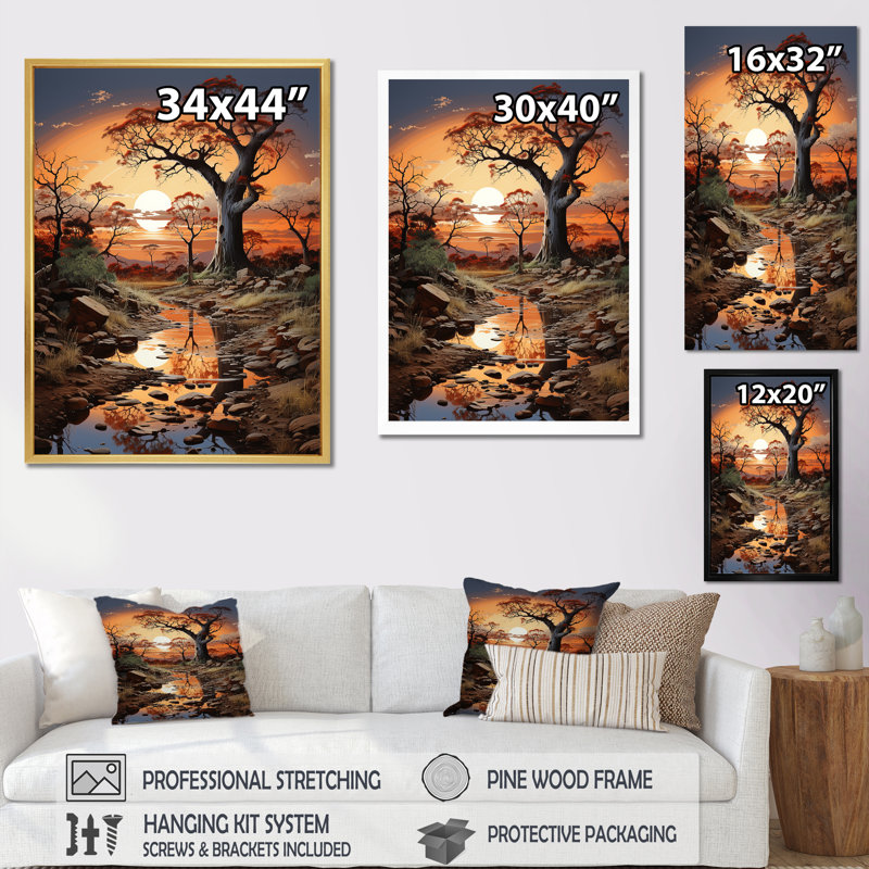Baobab arbre surréel scène I - arbre baobab, art mural sur toile, Cadre flottant noir, H 32 po x l 16 po
