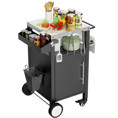 Outdoor Rolling BBQ, Bar Cart – 1-Door Grill Table with Storage, Hooks & Spice Rack by Latitude Run