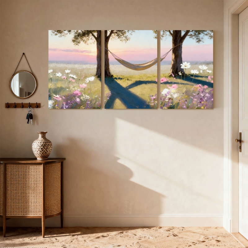 Assortiment de bouquets de hamac entre arbres et champ de fleurs, coucher de soleil, ensemble de 3 toiles, H 18 po x l 36 po