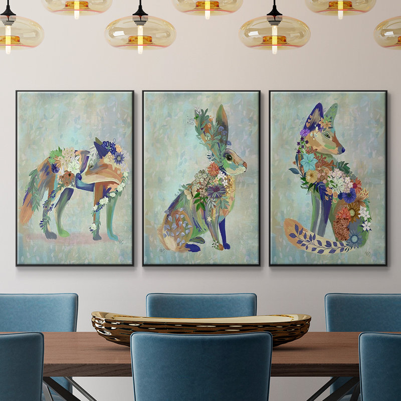 Fantastic Florals Fox, assis sur toile, 3 pièces, Cadre noir, H 24 po x l 48 po x P 2 po